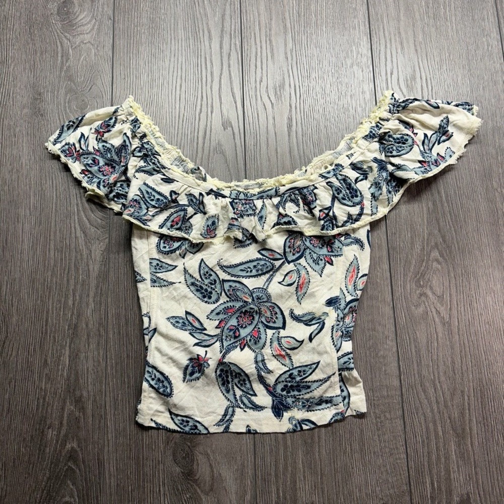 Free People Womens Paisley Medium Floral Ruffle Off Shoulder Crop Top Cream Blue